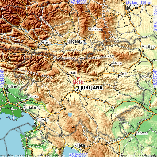 Topographic map of Moste
