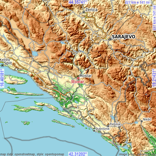 Topographic map of Mostar