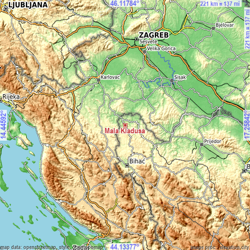 Topographic map of Mala Kladuša