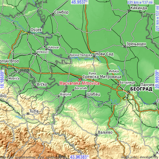 Topographic map of Mačvanska Mitrovica