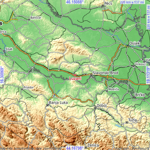 Topographic map of Lužani