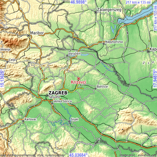 Topographic map of Križevci