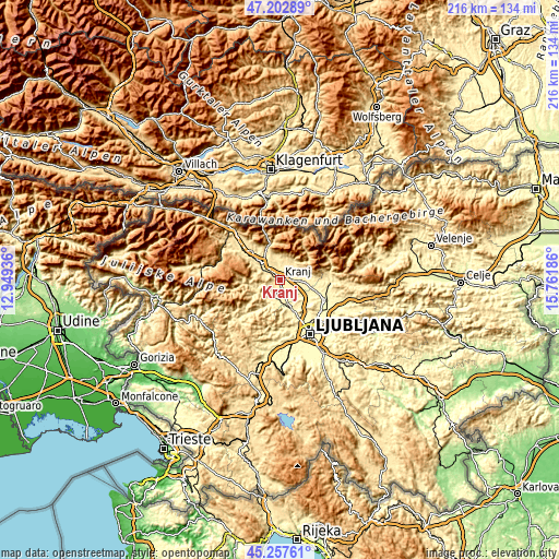 Topographic map of Kranj