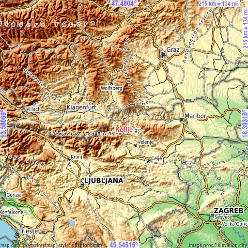 Topographic map of Kotlje