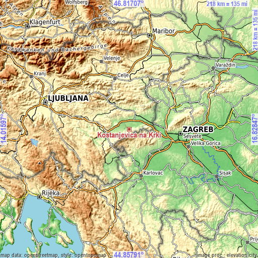 Topographic map of Kostanjevica na Krki