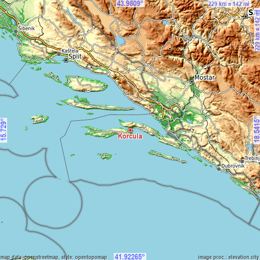 Topographic map of Korčula