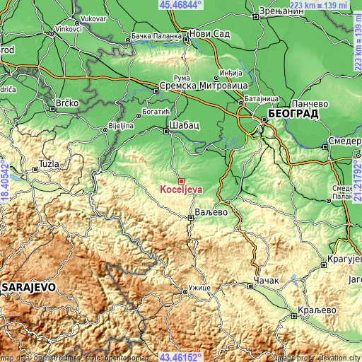 Topographic map of Koceljeva