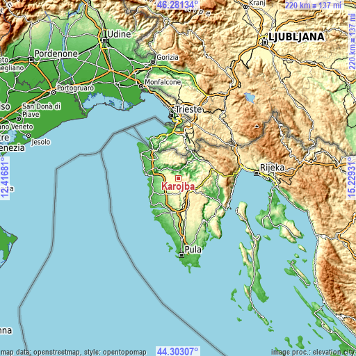 Topographic map of Karojba