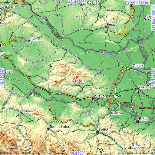 Topographic map of Kaptol