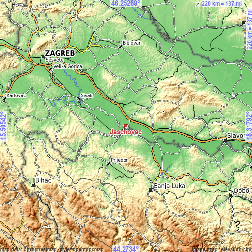 Topographic map of Jasenovac