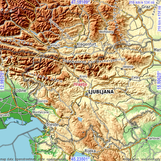 Topographic map of Hrastje