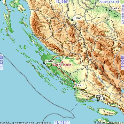 Topographic map of Gornji Karin