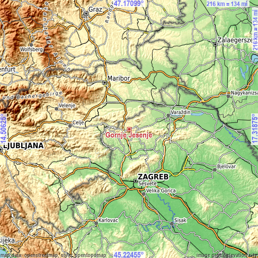 Topographic map of Gornje Jesenje