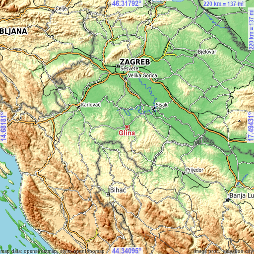 Topographic map of Glina