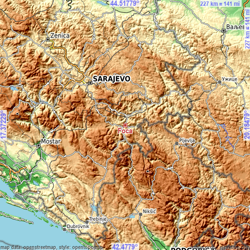 Topographic map of Foča