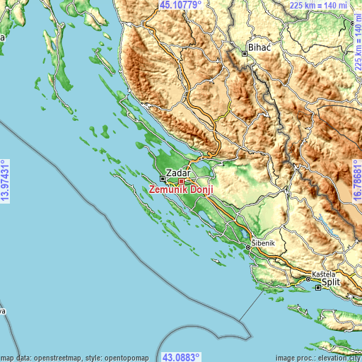 Topographic map of Zemunik Donji