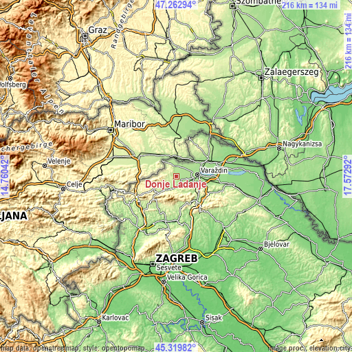 Topographic map of Donje Ladanje