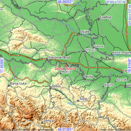 Topographic map of Donja Dubica