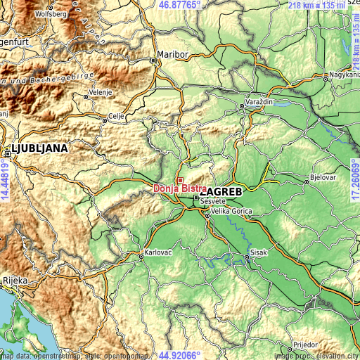 Topographic map of Donja Bistra