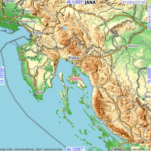 Topographic map of Dobrinj