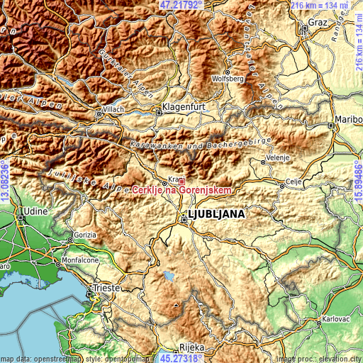 Topographic map of Cerklje na Gorenjskem
