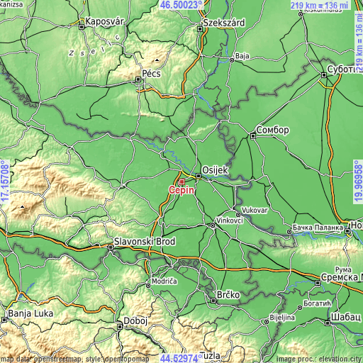Topographic map of Čepin