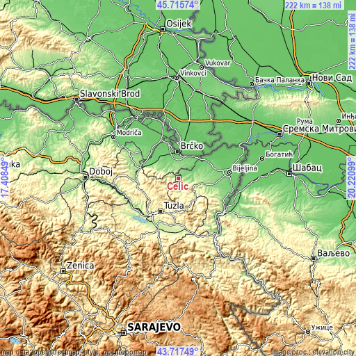 Topographic map of Čelić