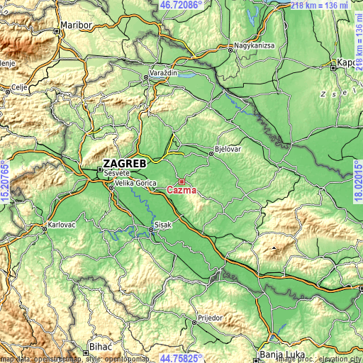 Topographic map of Čazma