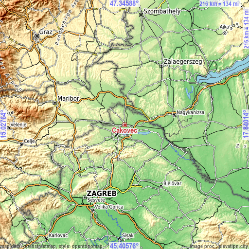 Topographic map of Čakovec