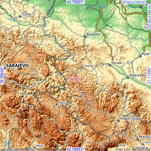 Topographic map of Čajetina