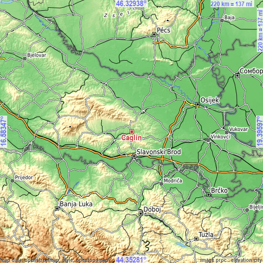 Topographic map of Čaglin