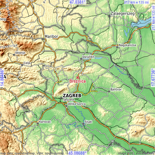 Topographic map of Breznica