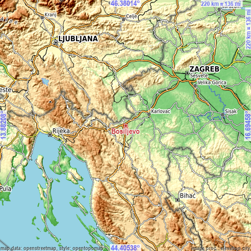 Topographic map of Bosiljevo