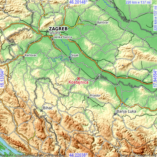Topographic map of Kostajnica