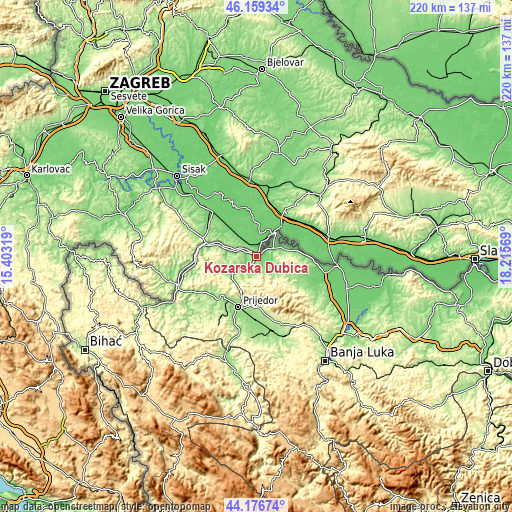 Topographic map of Kozarska Dubica