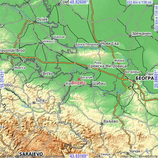 Topographic map of Bogatić