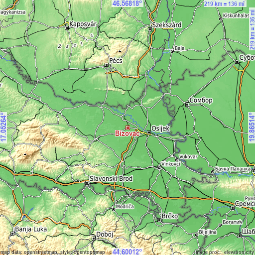 Topographic map of Bizovac