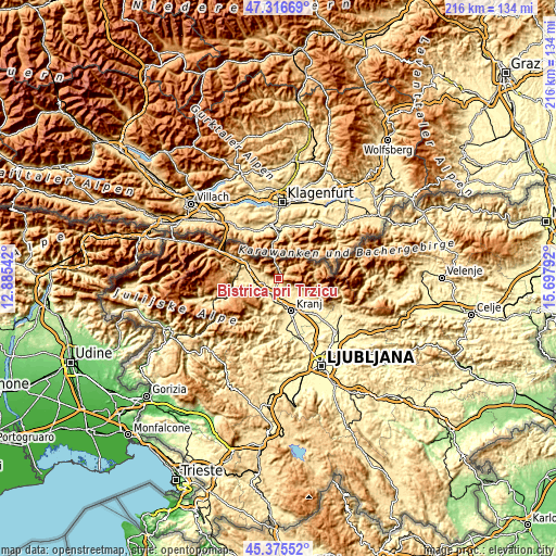 Topographic map of Bistrica pri Tržiču