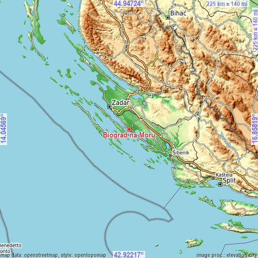 Topographic map of Biograd na Moru