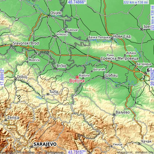 Topographic map of Bijeljina
