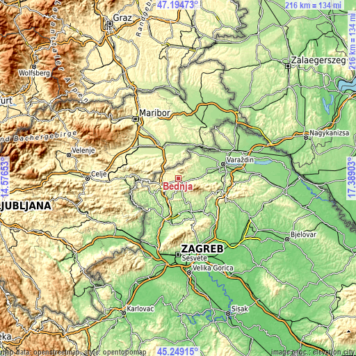 Topographic map of Bednja