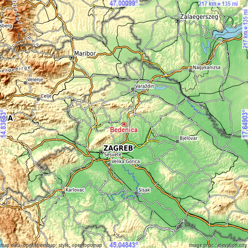 Topographic map of Bedenica