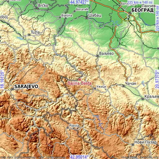 Topographic map of Bajina Bašta