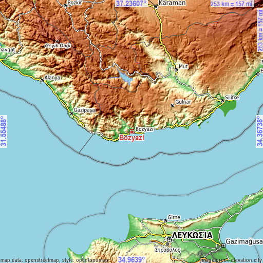 Topographic map of Bozyazı