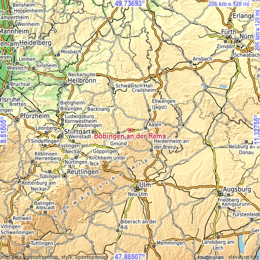 Topographic map of Böbingen an der Rems