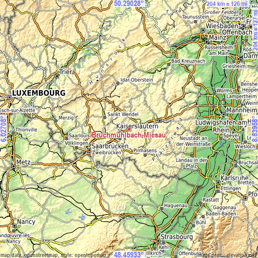 Topographic map of Bruchmühlbach-Miesau