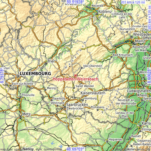 Topographic map of Hoppstädten-Weiersbach