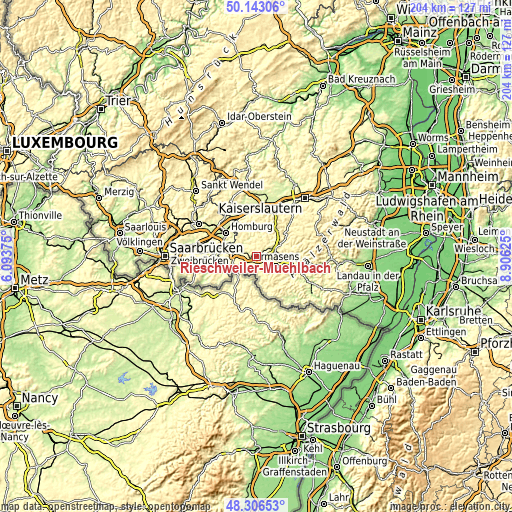 Topographic map of Rieschweiler-Mühlbach