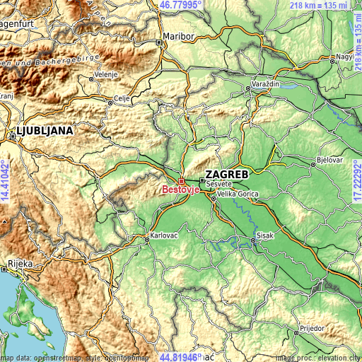 Topographic map of Bestovje