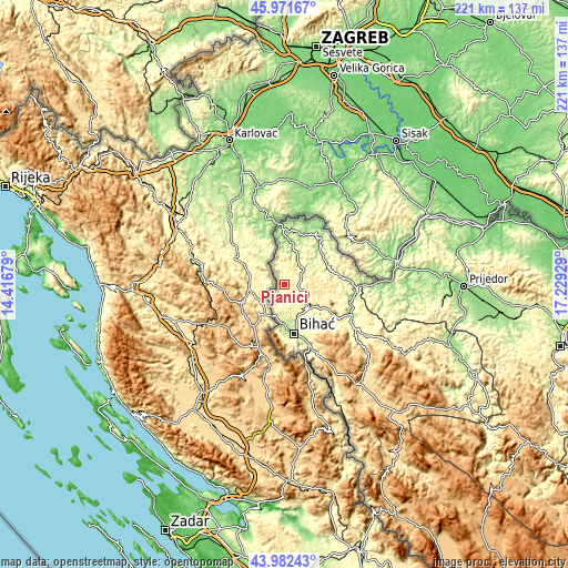 Topographic map of Pjanići